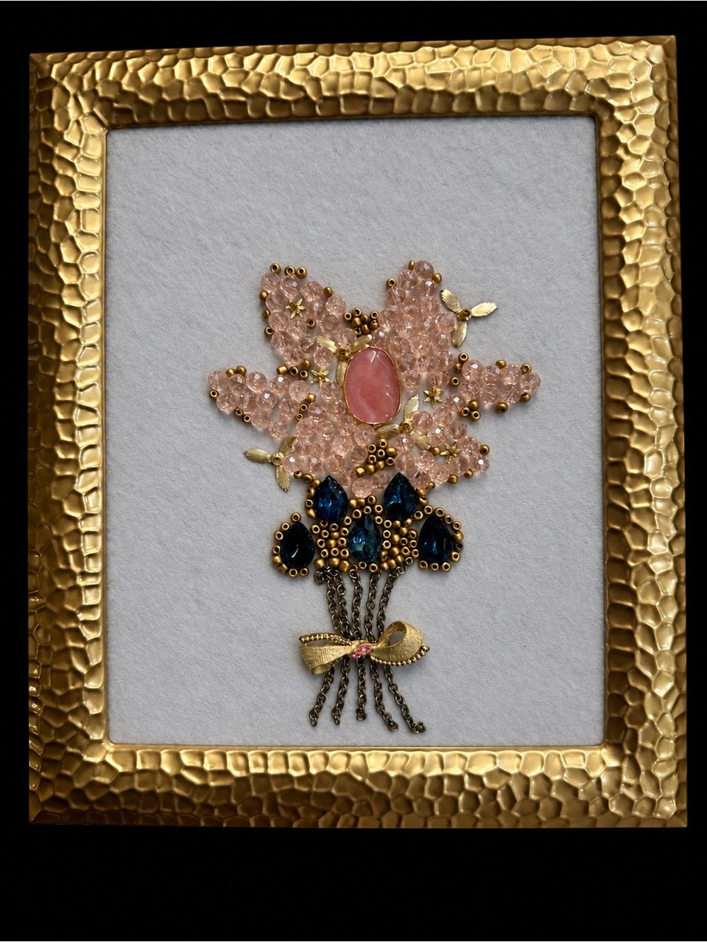 Hand Crafted Vintage Jewelry Framed Art Pink Blue Gold Bouquet